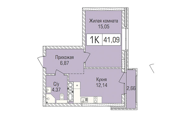 1-комнатная квартира 41,09 м² в ЖК Цивилизация. Планировка