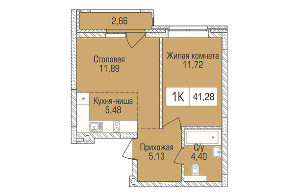 1-комнатная квартира 41,28 м² в ЖК Цивилизация. Планировка