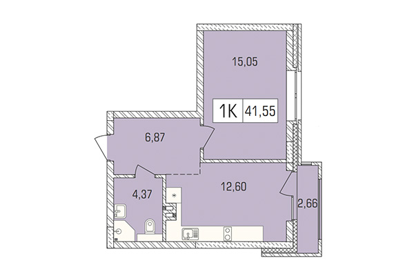 1-комнатная квартира 41,55 м² в ЖК Цивилизация. Планировка