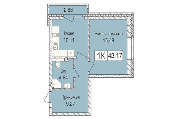 1-комнатная квартира 42,17 м² в ЖК Цивилизация. Планировка