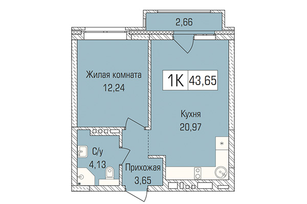 1-комнатная квартира 43,65 м² в ЖК Цивилизация. Планировка
