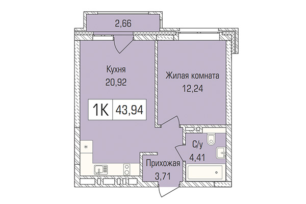 1-комнатная квартира 43,94 м² в ЖК Цивилизация. Планировка