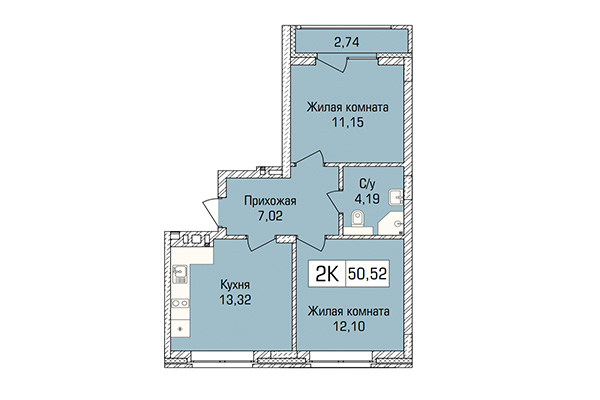 2-комнатная квартира 50,52 м² в ЖК Цивилизация. Планировка