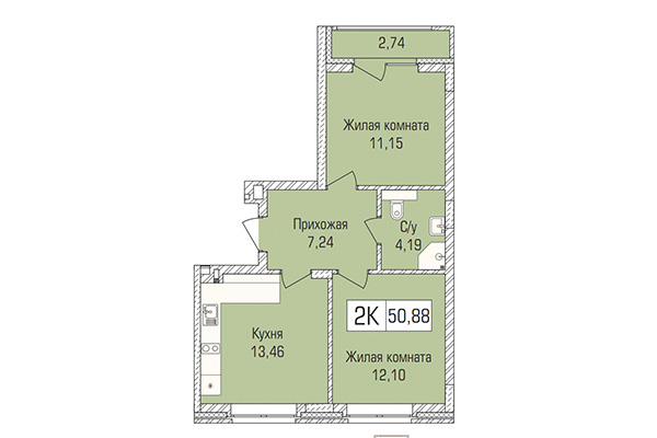 2-комнатная квартира 50,88 м² в ЖК Цивилизация. Планировка
