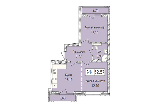 2-комнатная квартира 52,57 м² в ЖК Цивилизация. Планировка