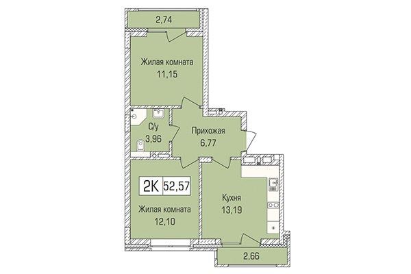 2-комнатная квартира 52,58 м² в ЖК Цивилизация. Планировка