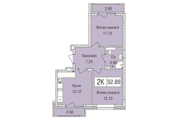 2-комнатная квартира 52,88 м² в ЖК Цивилизация. Планировка
