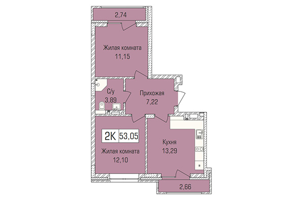 2-комнатная квартира 53,05 м² в ЖК Цивилизация. Планировка