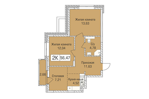 2-комнатная квартира 56,47 м² в ЖК Цивилизация. Планировка