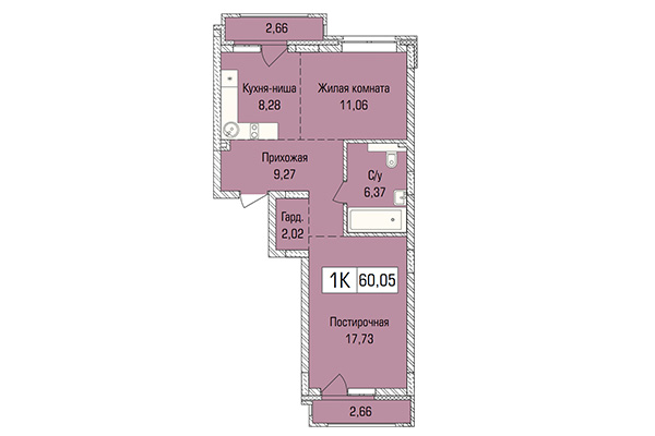 1-комнатная квартира 60,05 м² в ЖК Цивилизация. Планировка