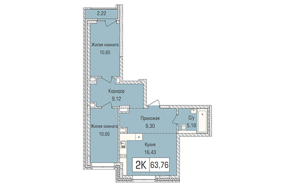 2-комнатная квартира 63,76 м² в ЖК Цивилизация. Планировка