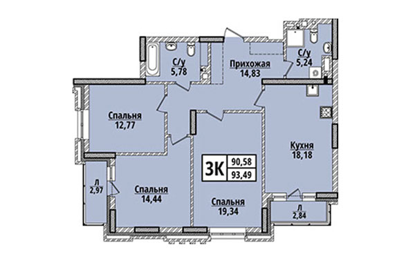 3-комнатная квартира 93,49 м² в ЖК Классик Хаус. Планировка