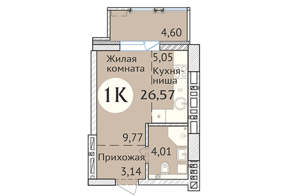Студия 26,57 м² в ЖК Заельцовский. Планировка