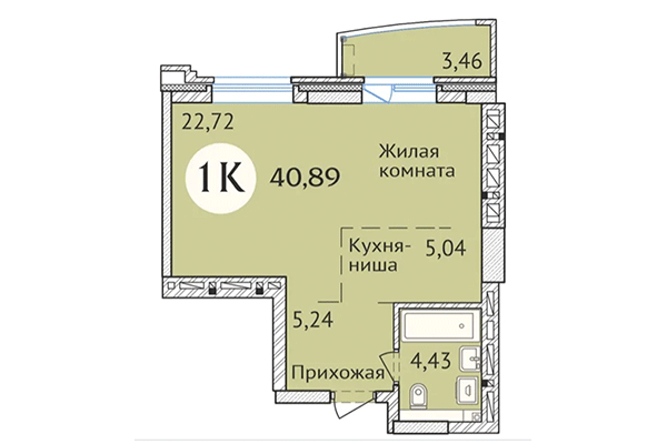 Студия 40,89 м² в ЖК Заельцовский. Планировка