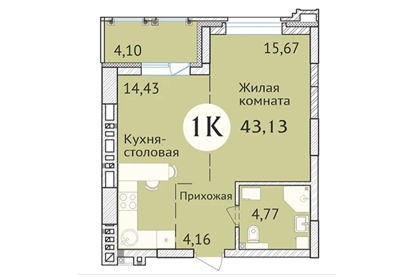 1-комнатная квартира 43,13 м² в ЖК Заельцовский. Планировка