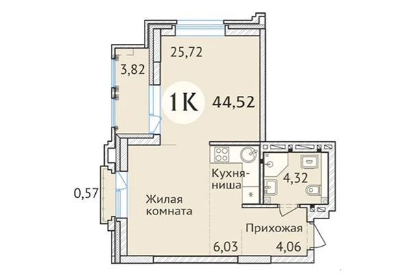 Студия 44,52 м² в ЖК Заельцовский. Планировка