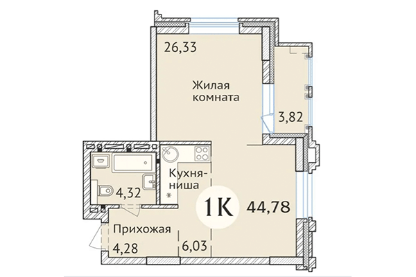 Студия 44,78 м² в ЖК Заельцовский. Планировка