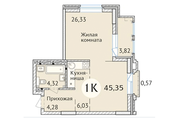 Студия 45,35 м² в ЖК Заельцовский. Планировка