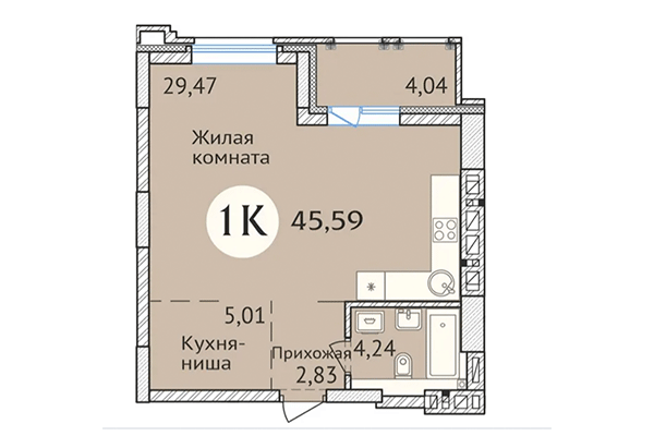 Студия 45,59 м² в ЖК Заельцовский. Планировка