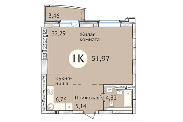 Студия 51,97 м² в ЖК Заельцовский. Планировка