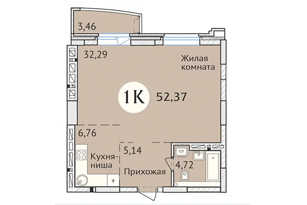 Студия 52,37 м² в ЖК Заельцовский. Планировка