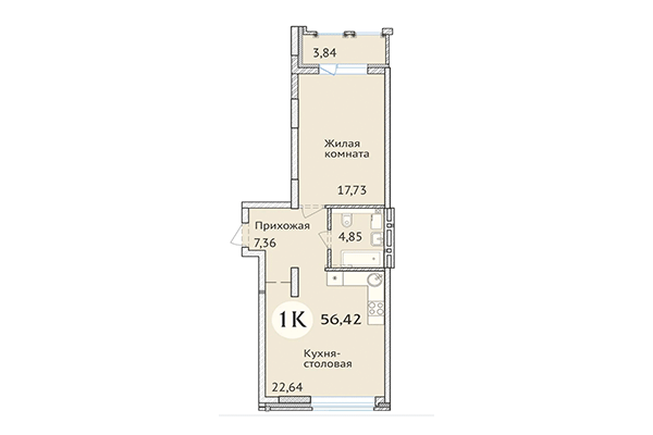 1-комнатная квартира 56,42 м² в ЖК Заельцовский. Планировка