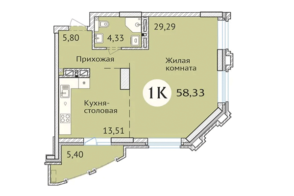 1-комнатная квартира 58,33 м² в ЖК Заельцовский. Планировка