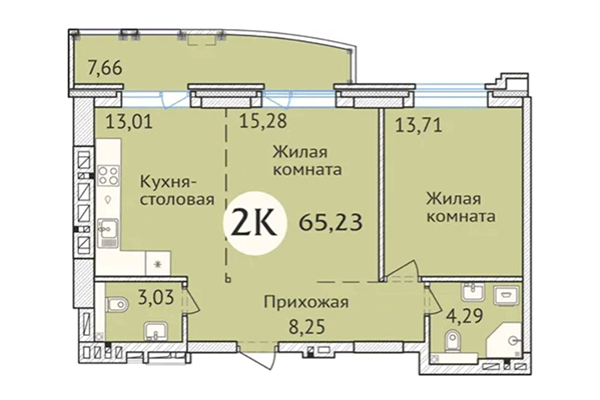 2-комнатная квартира 65,23 м² в ЖК Заельцовский. Планировка