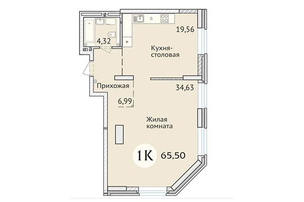 1-комнатная квартира 65,50 м² в ЖК Заельцовский. Планировка