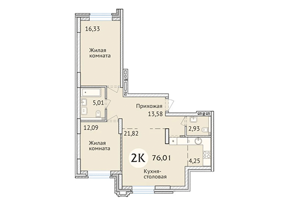 2-комнатная квартира 76,01 м² в ЖК Заельцовский. Планировка