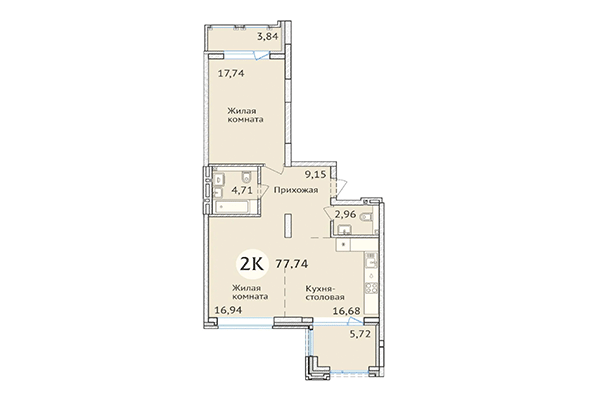 2-комнатная квартира 77,74 м² в ЖК Заельцовский. Планировка