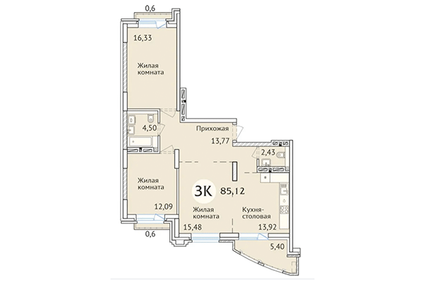 3-комнатная квартира 85,12 м² в ЖК Заельцовский. Планировка