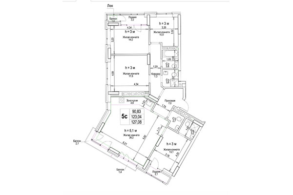 5-комнатная квартира 127,09 м² в ЖК Гудимов. Планировка
