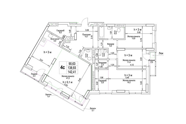 4-комнатная квартира 142,42 м² в ЖК Гудимов. Планировка