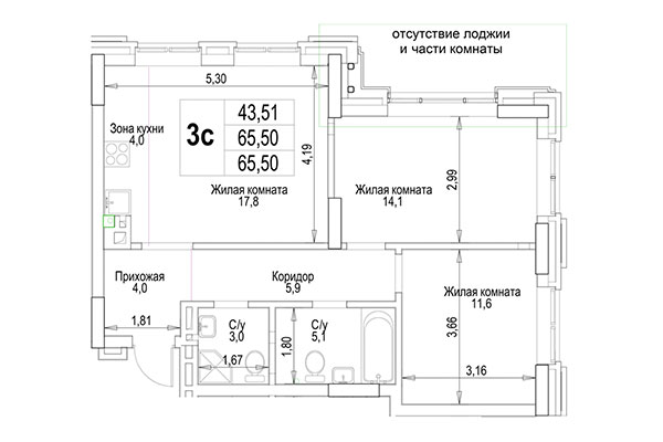 3-комнатная квартира 65,50 м² в ЖК Гудимов. Планировка