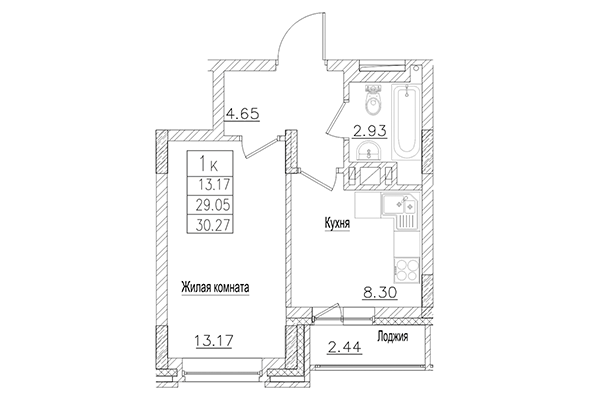 1-комнатная квартира 29,05 м² в ЖК на Покатной. Планировка