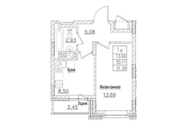 1-комнатная квартира 30,17 м² в ЖК на Покатной. Планировка