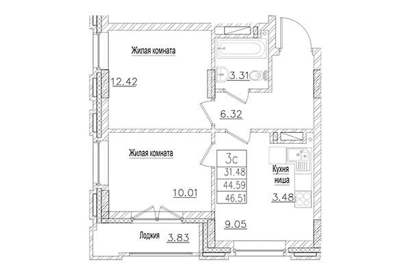 3-комнатная квартира 44,59 м² в ЖК на Покатной. Планировка