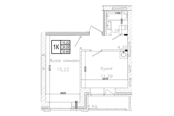1-комнатная квартира 34,10 м² в ЖК на Шоссейной. Планировка