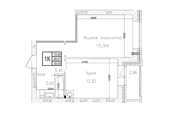 1-комнатная квартира 38,07 м² в ЖК на Шоссейной. Планировка