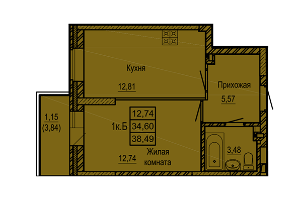 1-комнатная квартира 38,49 м² в ЖК Ленинград. Планировка