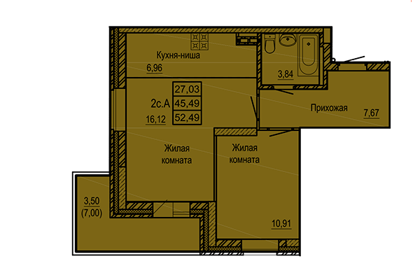 2-комнатная квартира 52,49 м² в ЖК Ленинград. Планировка