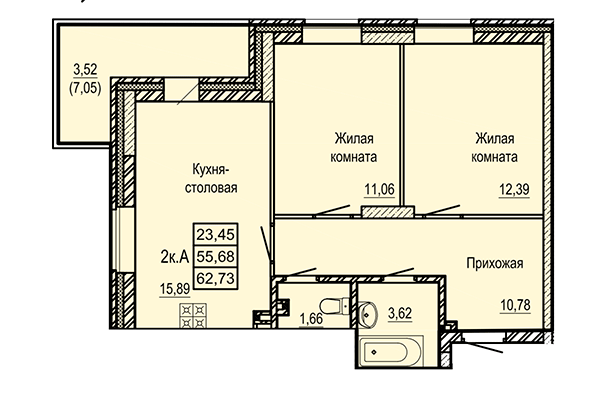 2-комнатная квартира 62,73 м² в ЖК Ленинград. Планировка