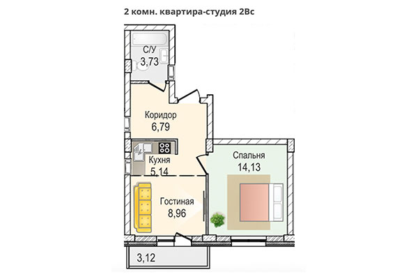2-комнатная квартира 38,75 м² в ЖК КрымSKY. Планировка