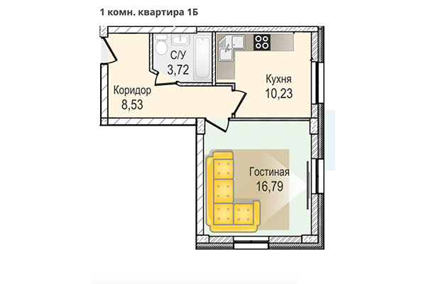1-комнатная квартира 39,00 м² в ЖК КрымSKY. Планировка