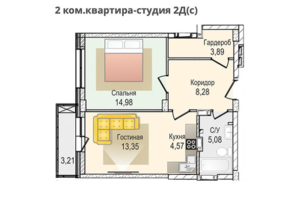 2-комнатная квартира 50,15 м² в ЖК КрымSKY. Планировка