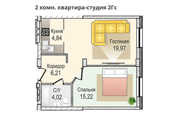2-комнатная квартира 50,26 м² в ЖК КрымSKY. Планировка