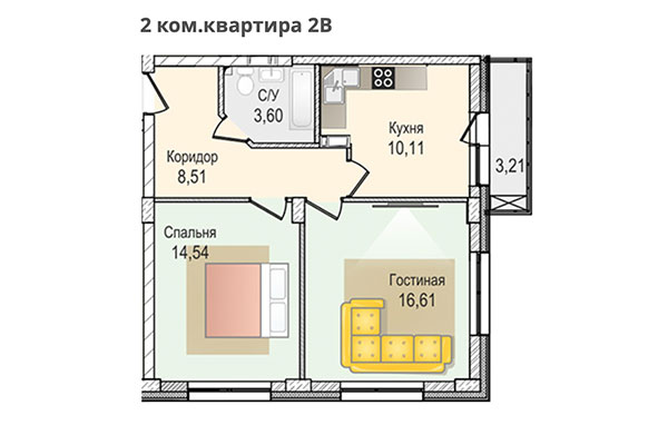 2-комнатная квартира 53,37 м² в ЖК КрымSKY. Планировка