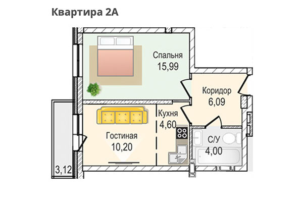 2-комнатная квартира 55,15 м² в ЖК КрымSKY. Планировка