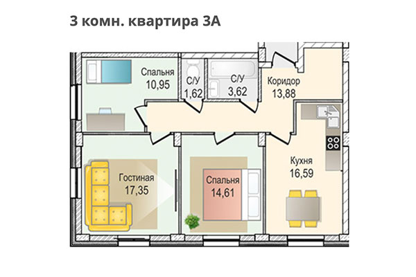 3-комнатная квартира 77,86 м² в ЖК КрымSKY. Планировка